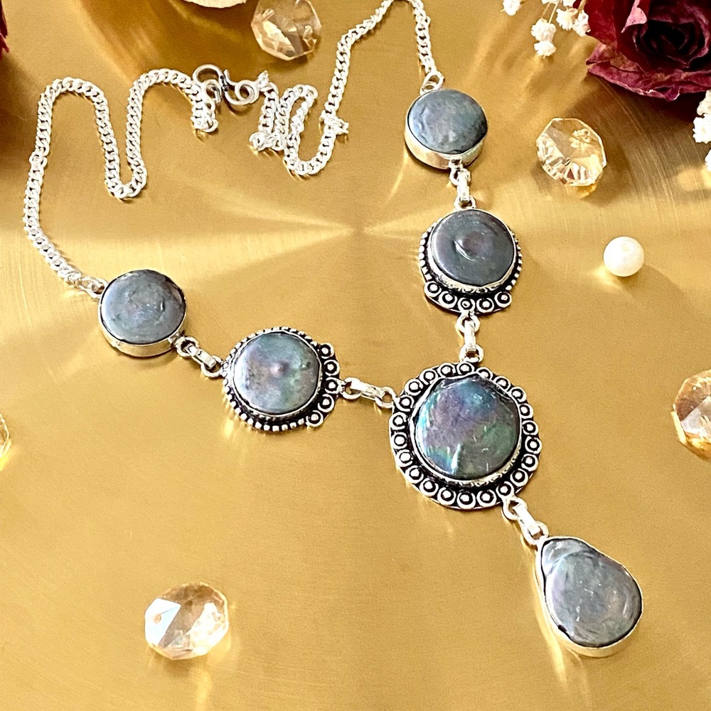 Gray Biwa Pearl Handcrafted Dangling Necklace - Picture 2 of 10